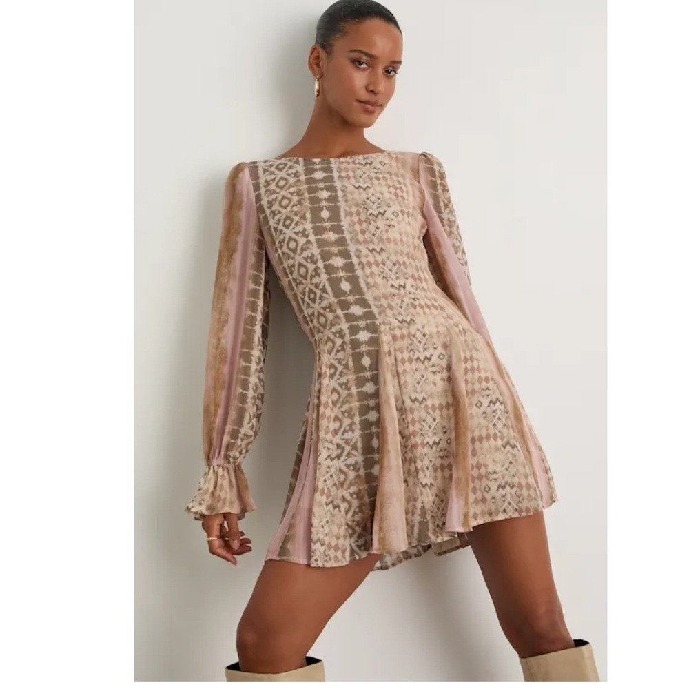 Lulus Kivah Pink and Taupe Boho Print Long Sleeve Mini Dress Chiffon NWT Size XS